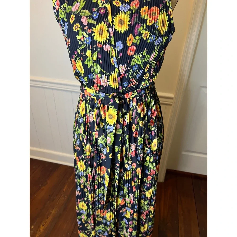 T Tahari sizeS Black Floral Print Pleated Midi Dress Sleeveless V Neck Tie Waist